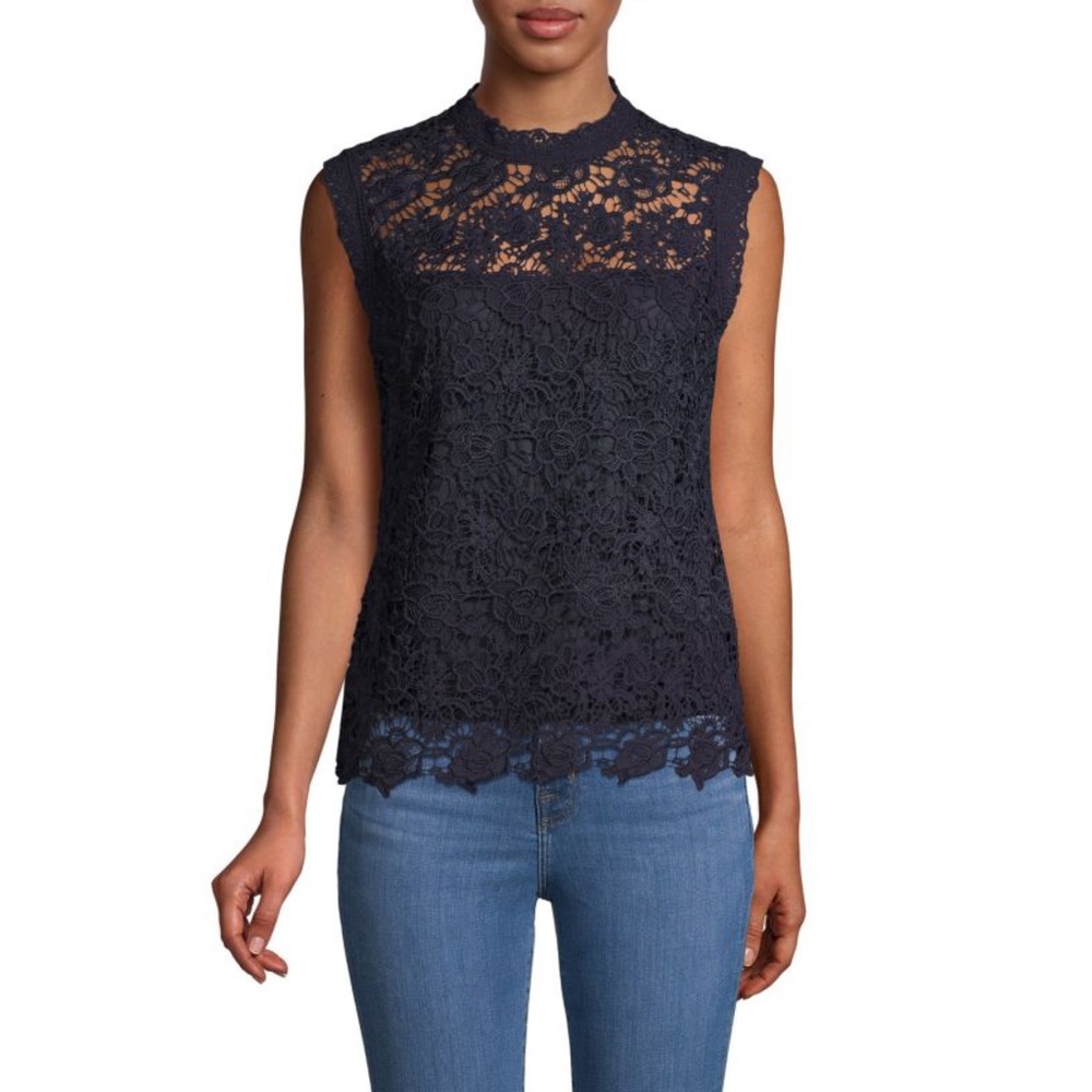 Nanette Lepore | Navy Blue Floral Lace Shell Sleeveless Top - Picture 2 of 9